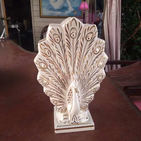 Stunning 24K Gold Gilded LusterGlazed Porcelain Hollywood Regency Peacock Vase - Picture 4 of 12